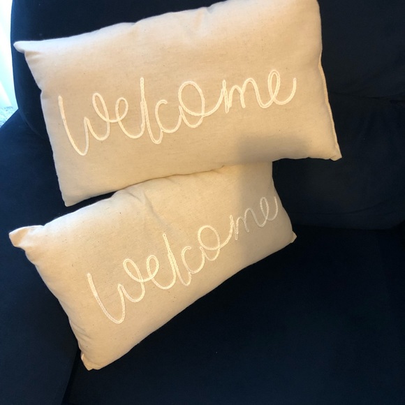 Welcome Embroidered 1 pair Accent Pillows, Beige/White, Gray/white striped back - Picture 7 of 7